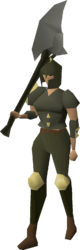 The full Dharok's armour on a female body.